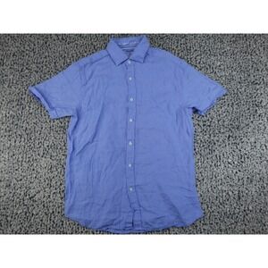 Porter & Ash Mens Small Blue 100% Linen Short Sleeve Button Down Shirt Yarn Dyed